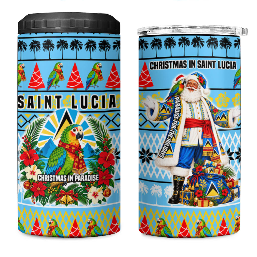 Saint Lucia Christmas In Paradise 4 in 1 Can Cooler Tumbler Tropical Parrot Santa Ugly Pattern Graphic Artwork