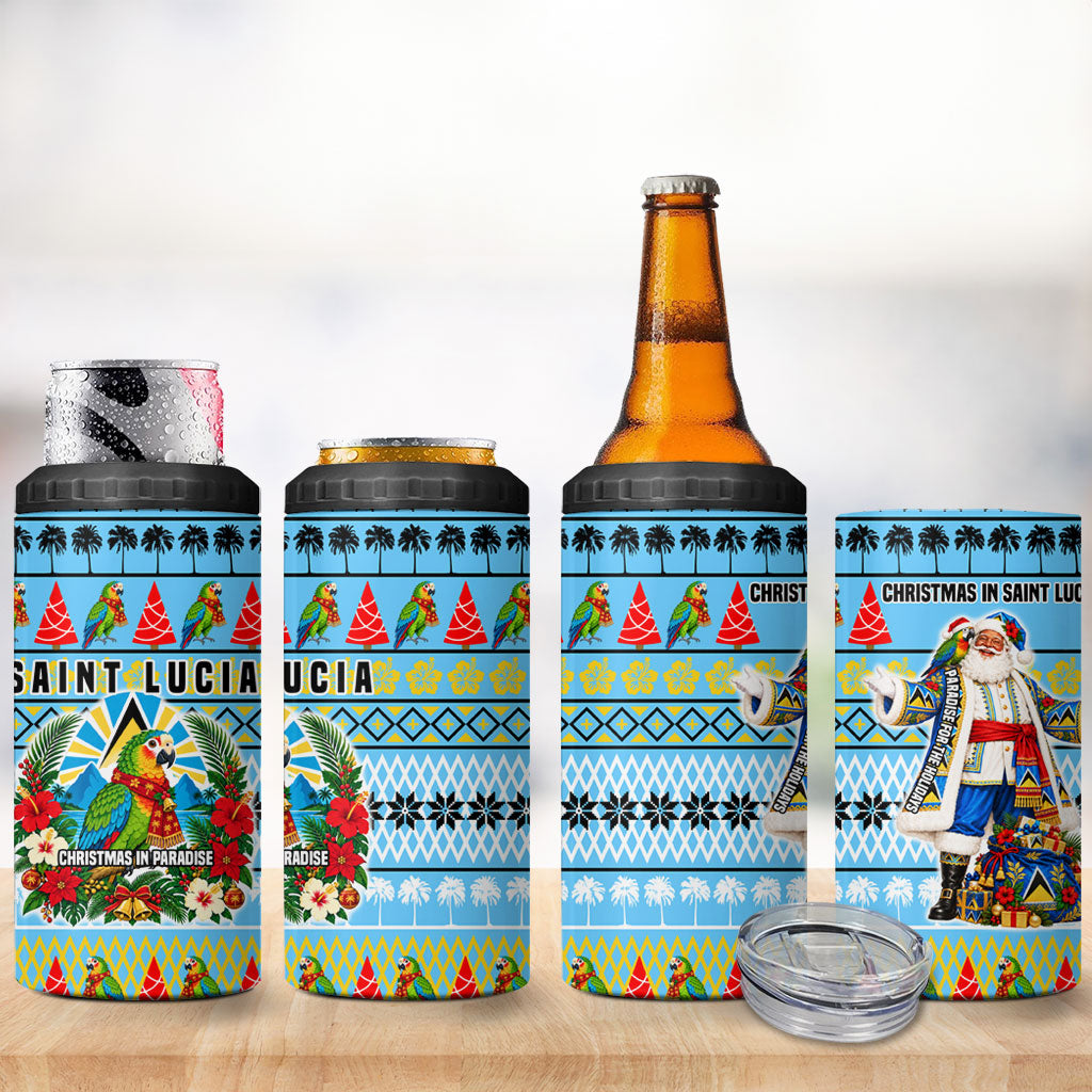 Saint Lucia Christmas In Paradise 4 in 1 Can Cooler Tumbler Tropical Parrot Santa Ugly Pattern Graphic Artwork