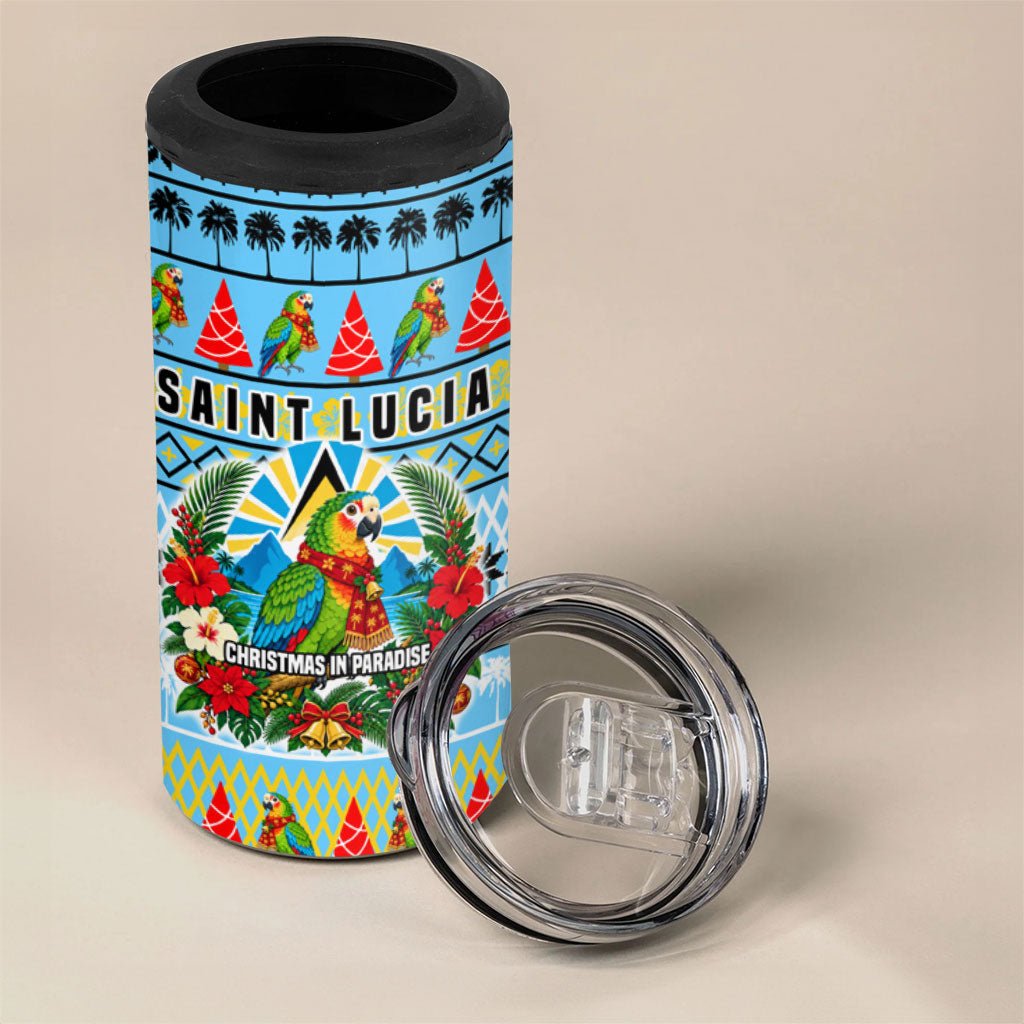 Saint Lucia Christmas In Paradise 4 in 1 Can Cooler Tumbler Tropical Parrot Santa Ugly Pattern Graphic Artwork
