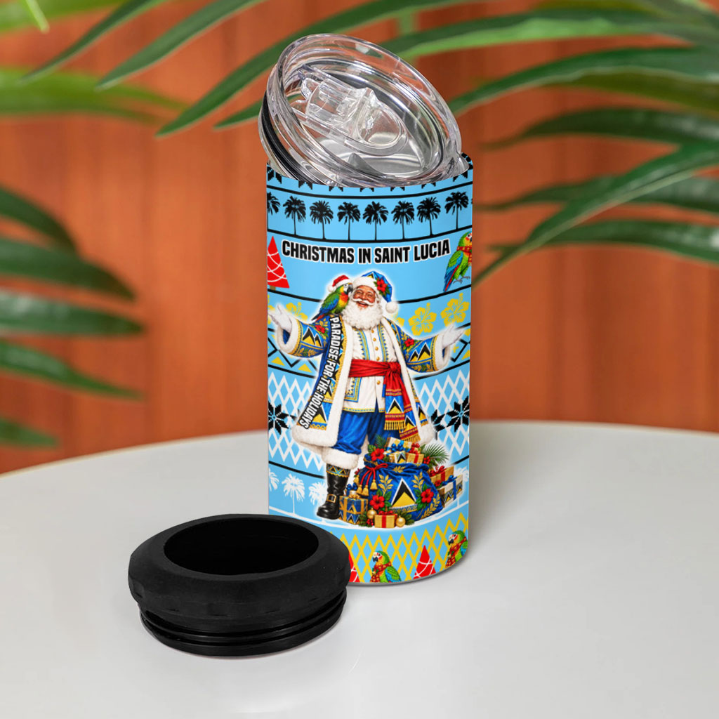 Saint Lucia Christmas In Paradise 4 in 1 Can Cooler Tumbler Tropical Parrot Santa Ugly Pattern Graphic Artwork