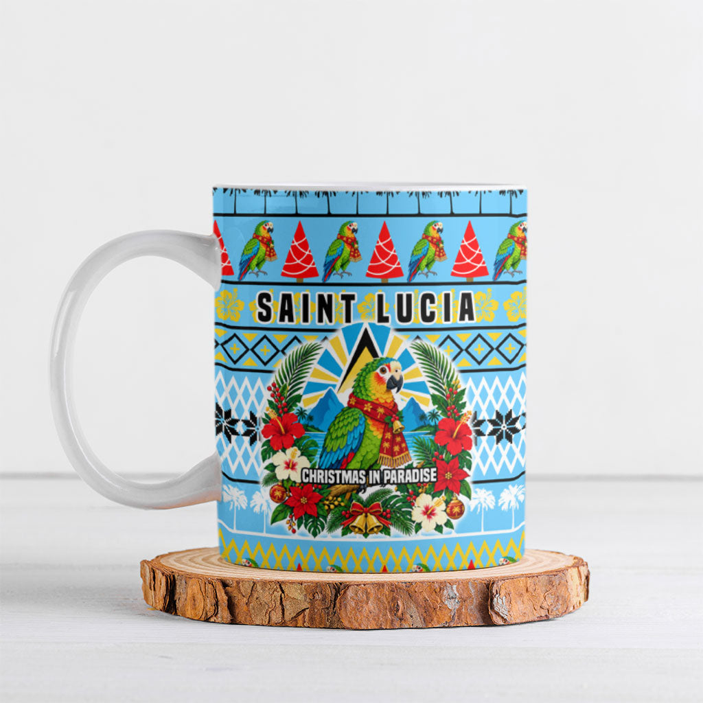 Saint Lucia Christmas In Paradise Ceramic Mug Tropical Parrot Santa Ugly Pattern Graphic Artwork