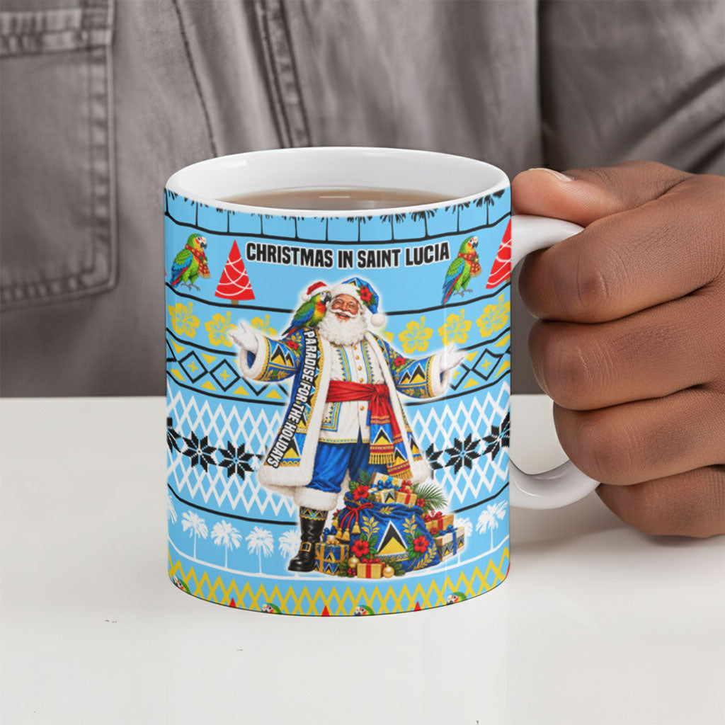 Saint Lucia Christmas In Paradise Ceramic Mug Tropical Parrot Santa Ugly Pattern Graphic Artwork