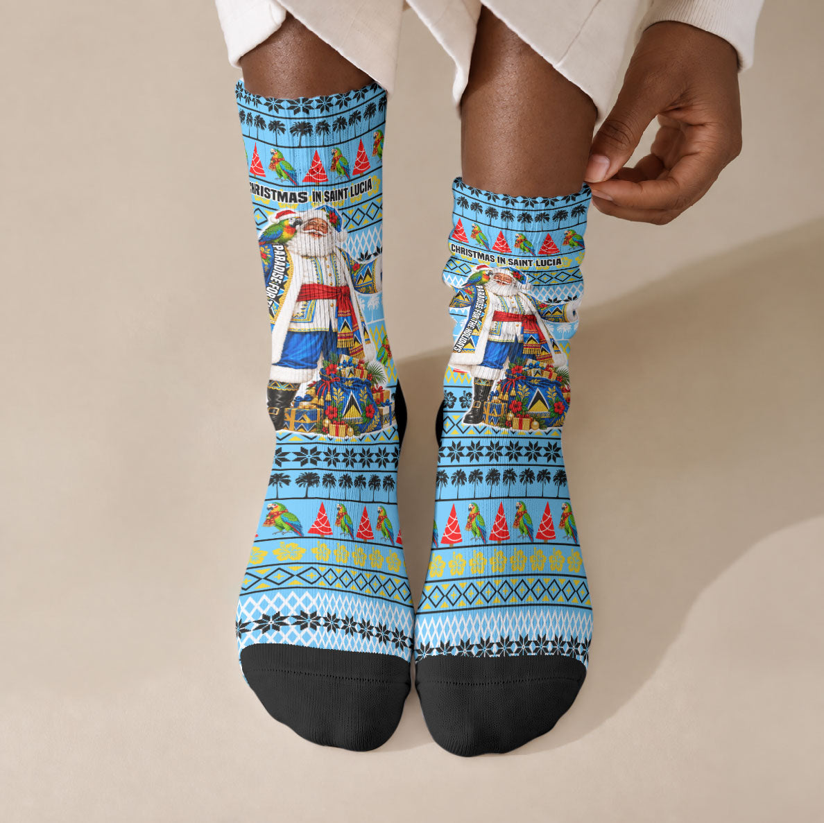 Saint Lucia Christmas In Paradise Crew Socks Tropical Parrot Santa Ugly Pattern Graphic Artwork