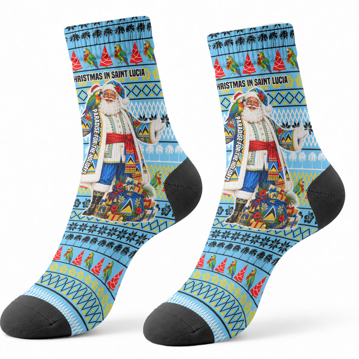 Saint Lucia Christmas In Paradise Crew Socks Tropical Parrot Santa Ugly Pattern Graphic Artwork
