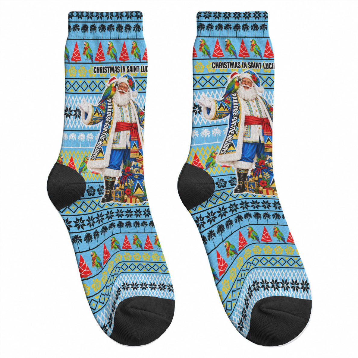 Saint Lucia Christmas In Paradise Crew Socks Tropical Parrot Santa Ugly Pattern Graphic Artwork