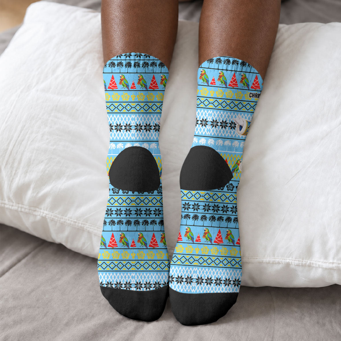 Saint Lucia Christmas In Paradise Crew Socks Tropical Parrot Santa Ugly Pattern Graphic Artwork