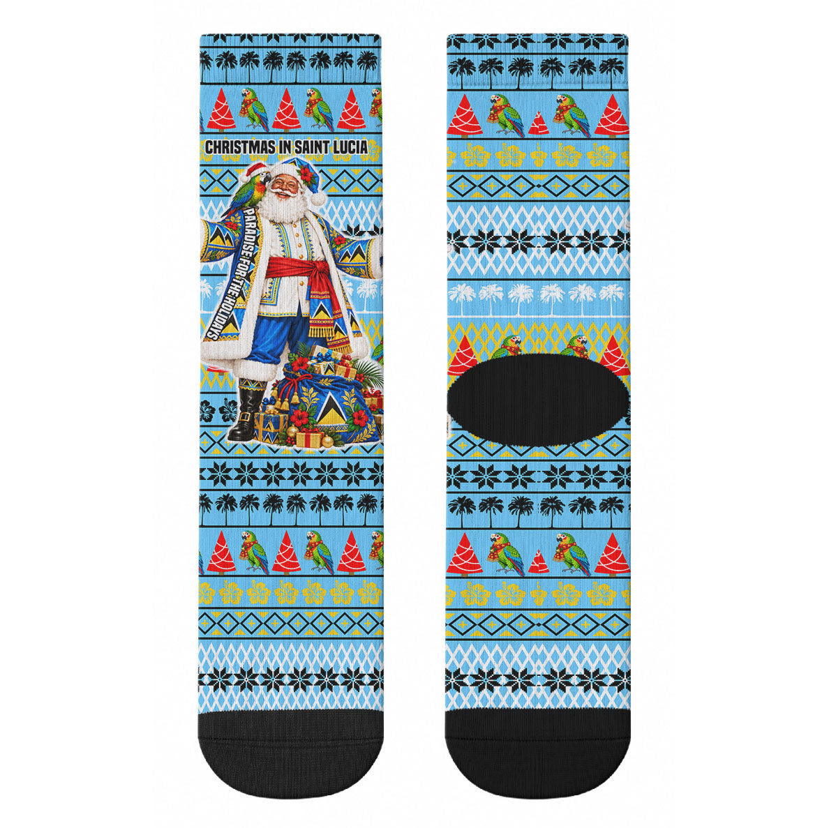Saint Lucia Christmas In Paradise Crew Socks Tropical Parrot Santa Ugly Pattern Graphic Artwork