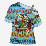Saint Lucia Christmas In Paradise Cross Shoulder Shirt Tropical Parrot Santa Ugly Pattern Graphic Artwork
