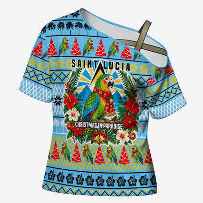 Saint Lucia Christmas In Paradise Cross Shoulder Shirt Tropical Parrot Santa Ugly Pattern Graphic Artwork