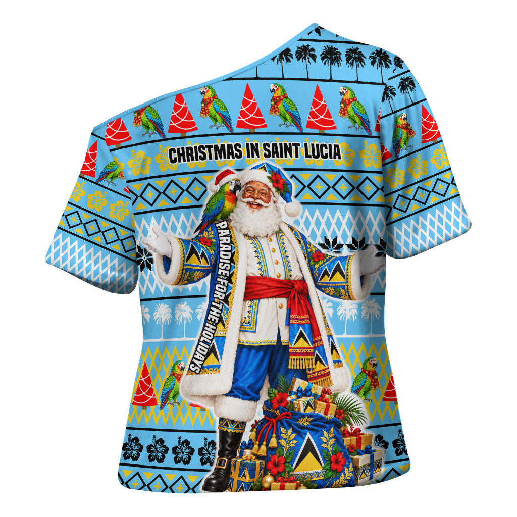 Saint Lucia Christmas In Paradise Cross Shoulder Shirt Tropical Parrot Santa Ugly Pattern Graphic Artwork