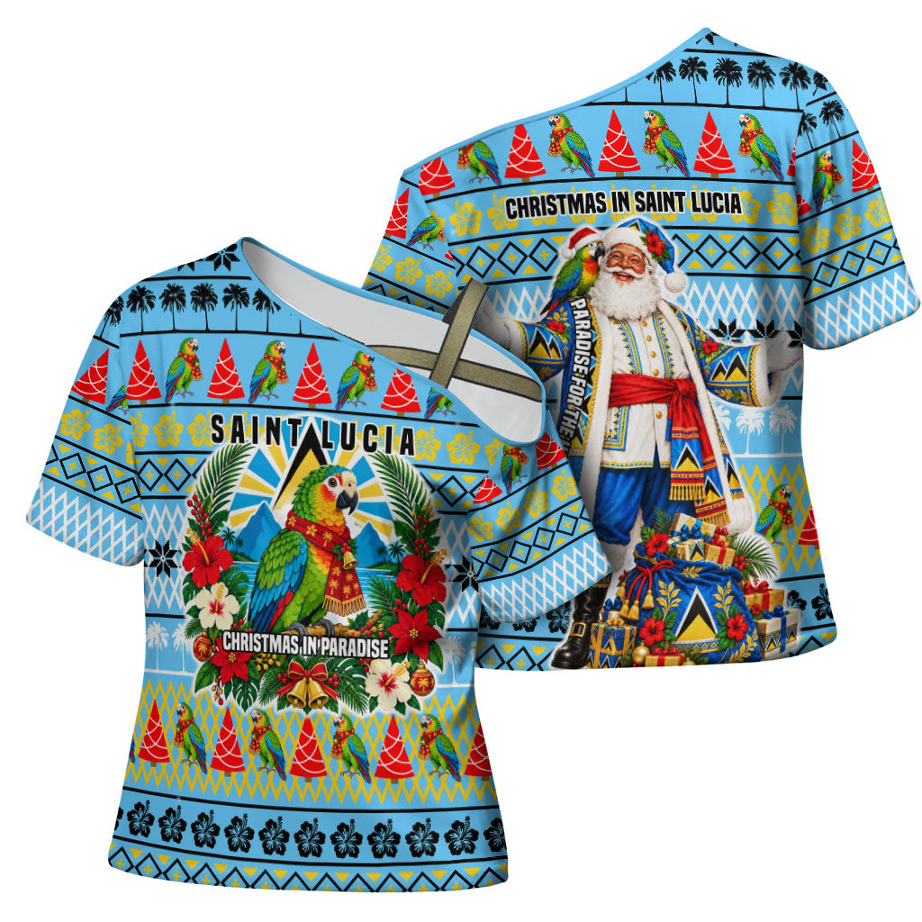 Saint Lucia Christmas In Paradise Cross Shoulder Shirt Tropical Parrot Santa Ugly Pattern Graphic Artwork