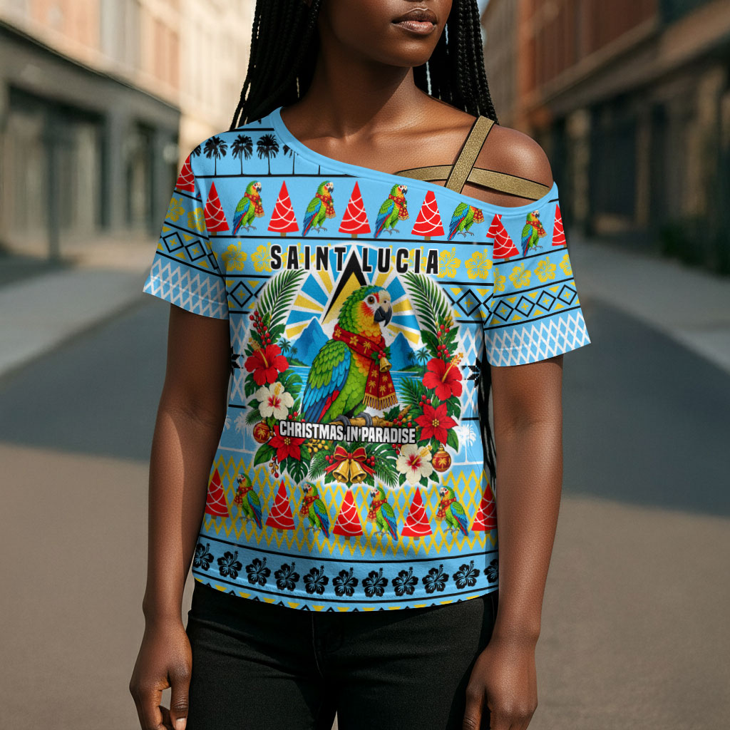 Saint Lucia Christmas In Paradise Cross Shoulder Shirt Tropical Parrot Santa Ugly Pattern Graphic Artwork