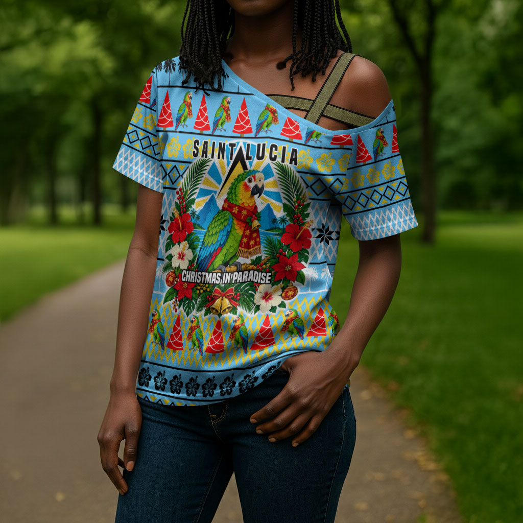 Saint Lucia Christmas In Paradise Cross Shoulder Shirt Tropical Parrot Santa Ugly Pattern Graphic Artwork