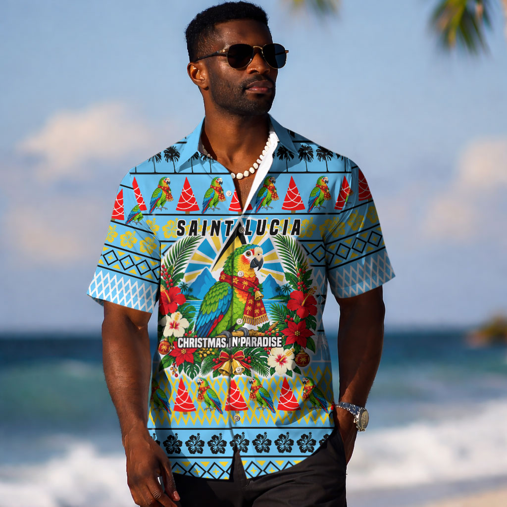 Saint Lucia Christmas In Paradise Hawaiian Shirt Tropical Parrot Santa Ugly Pattern Graphic Artwork