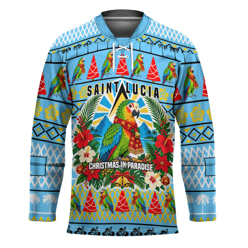 Saint Lucia Christmas In Paradise Hockey Jersey Tropical Parrot Santa Ugly Pattern Graphic Artwork