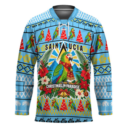 Saint Lucia Christmas In Paradise Hockey Jersey Tropical Parrot Santa Ugly Pattern Graphic Artwork