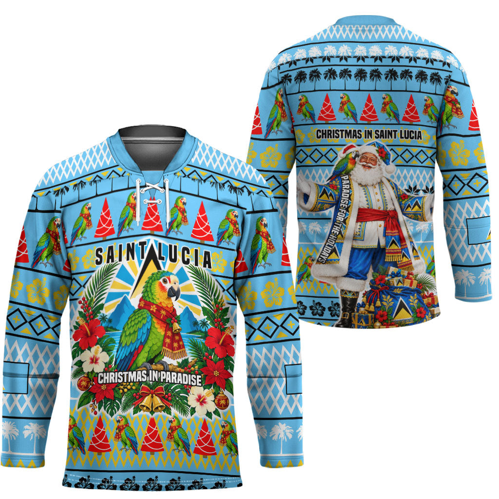 Saint Lucia Christmas In Paradise Hockey Jersey Tropical Parrot Santa Ugly Pattern Graphic Artwork