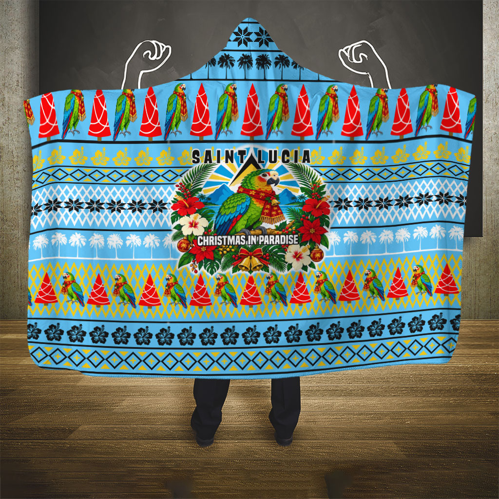 Saint Lucia Christmas In Paradise Hooded Blanket Tropical Parrot Santa Ugly Pattern Graphic Artwork