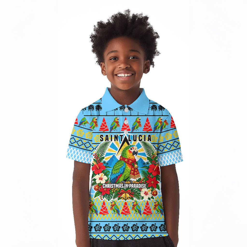Saint Lucia Christmas In Paradise Kid Polo Shirt Tropical Parrot Santa Ugly Pattern Graphic Artwork