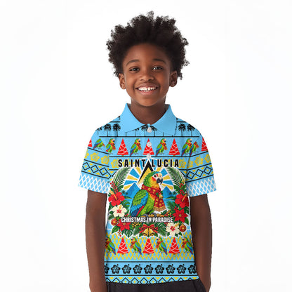 Saint Lucia Christmas In Paradise Kid Polo Shirt Tropical Parrot Santa Ugly Pattern Graphic Artwork