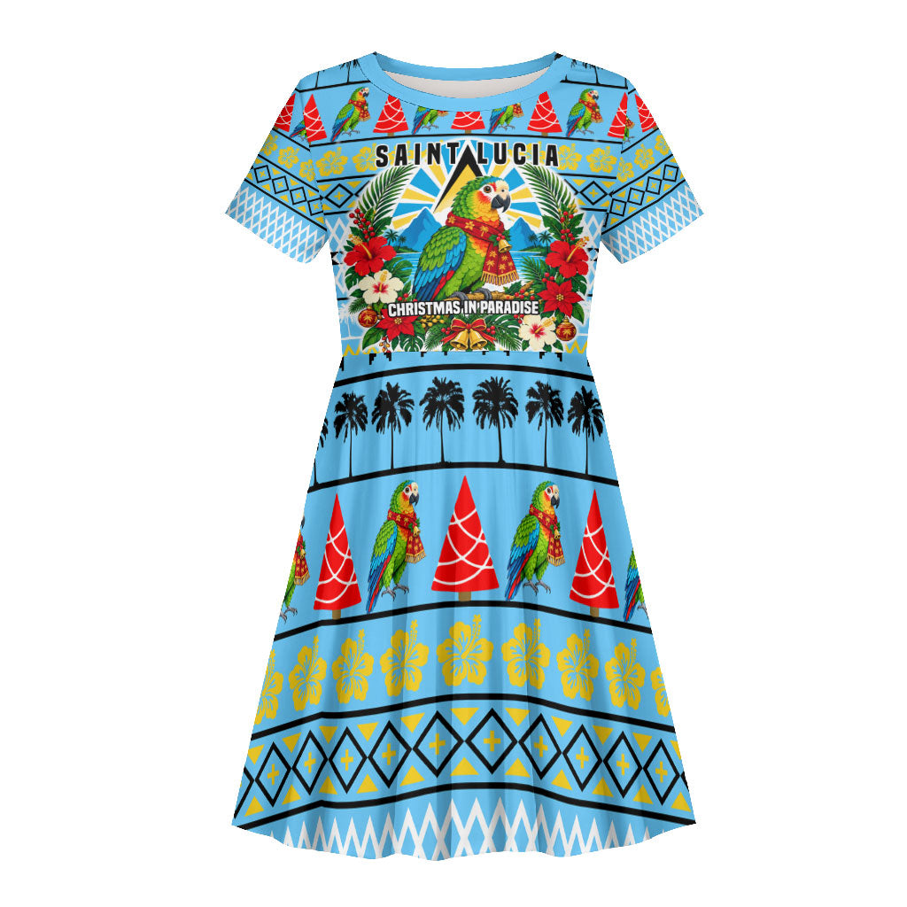 Saint Lucia Christmas In Paradise Kid Short Sleeve Dress Tropical Parrot Santa Ugly Pattern Graphic Artwork