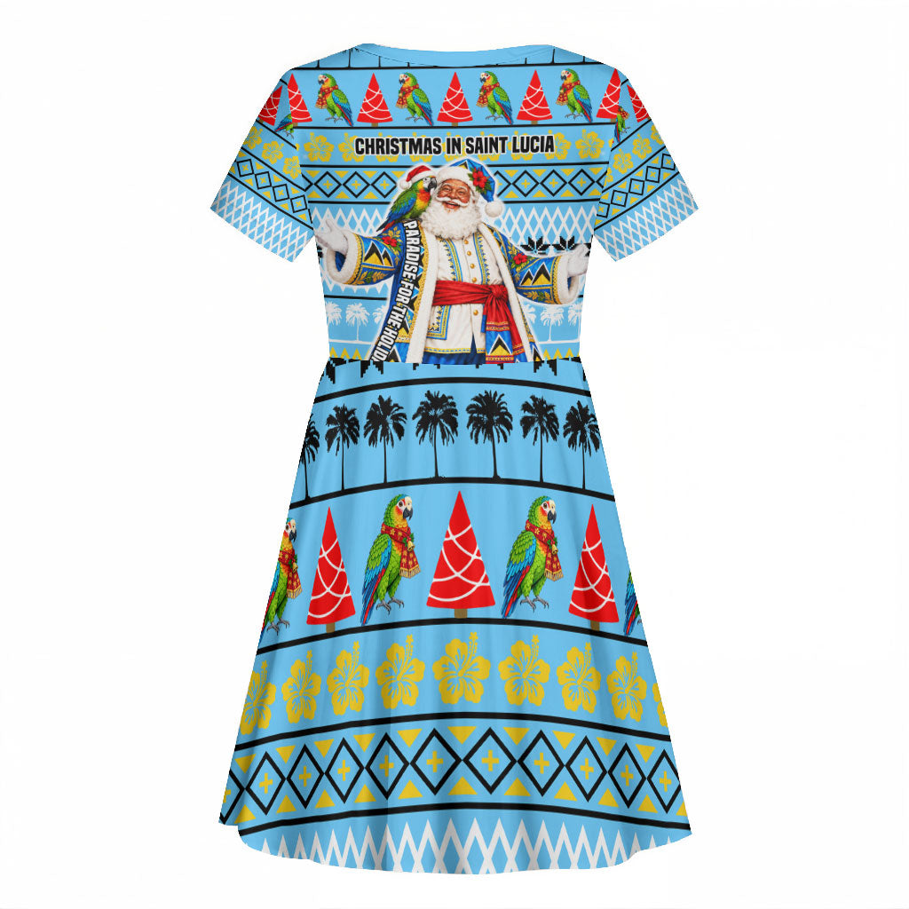 Saint Lucia Christmas In Paradise Kid Short Sleeve Dress Tropical Parrot Santa Ugly Pattern Graphic Artwork