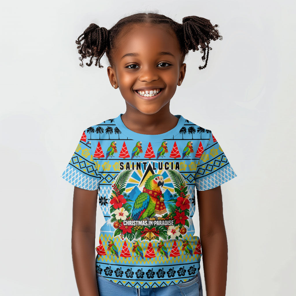 Saint Lucia Christmas In Paradise Kid T shirt Tropical Parrot Santa Ugly Pattern Graphic Artwork