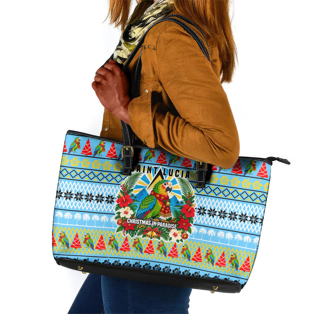 Saint Lucia Christmas In Paradise Leather Tote Bag Tropical Parrot Santa Ugly Pattern Graphic Artwork