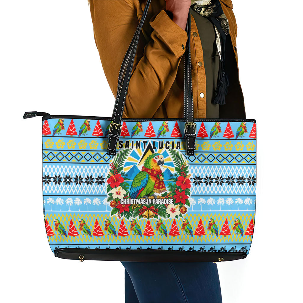 Saint Lucia Christmas In Paradise Leather Tote Bag Tropical Parrot Santa Ugly Pattern Graphic Artwork