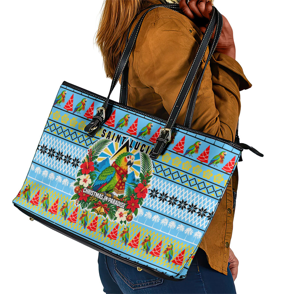 Saint Lucia Christmas In Paradise Leather Tote Bag Tropical Parrot Santa Ugly Pattern Graphic Artwork
