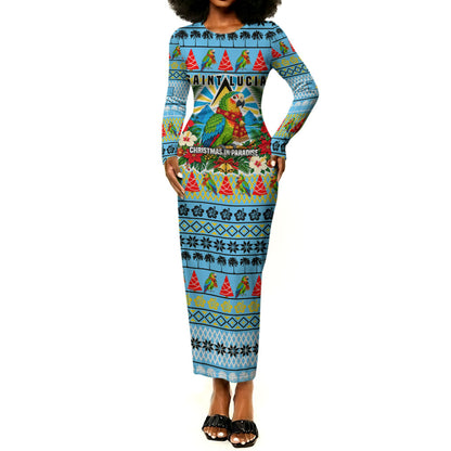 Saint Lucia Christmas In Paradise Long Sleeve Bodycon Dress Tropical Parrot Santa Ugly Pattern Graphic Artwork
