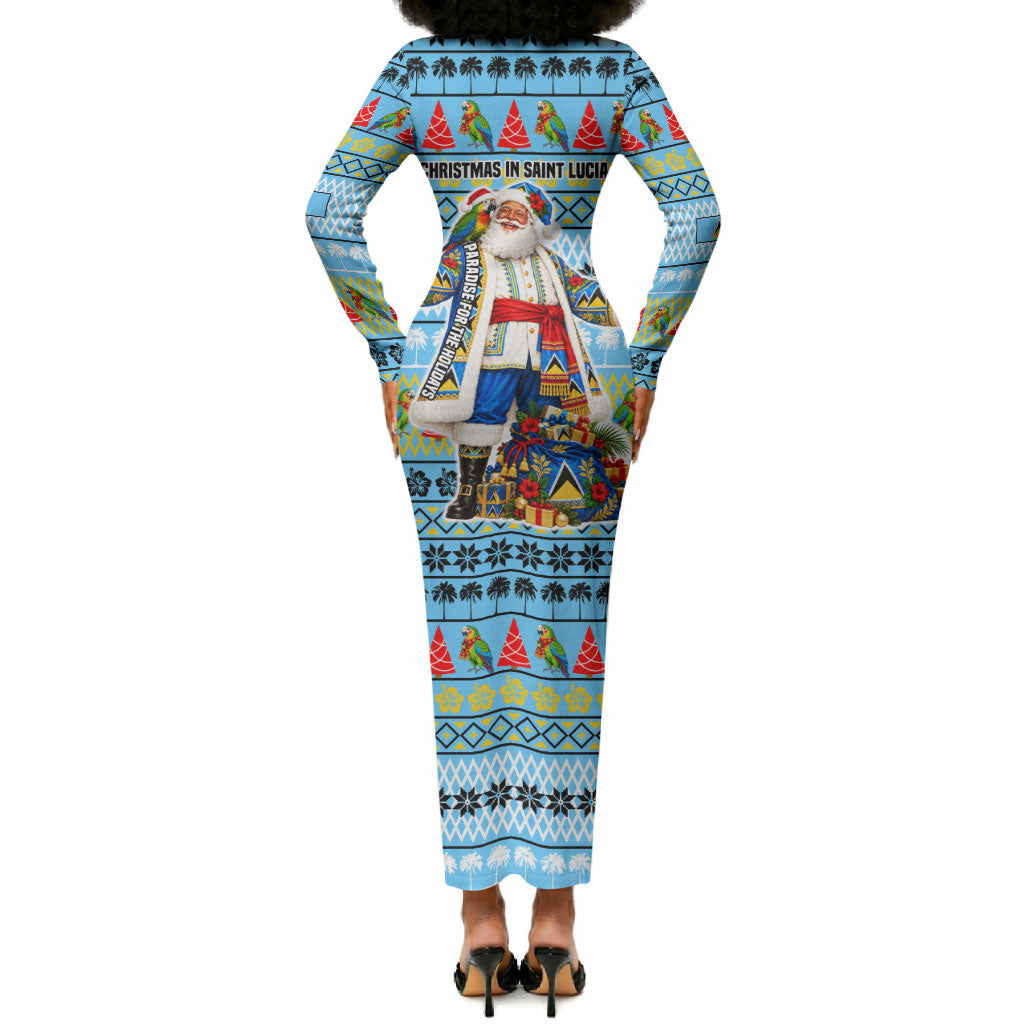 Saint Lucia Christmas In Paradise Long Sleeve Bodycon Dress Tropical Parrot Santa Ugly Pattern Graphic Artwork