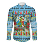 Saint Lucia Christmas In Paradise Long Sleeve Button Shirt Tropical Parrot Santa Ugly Pattern Graphic Artwork
