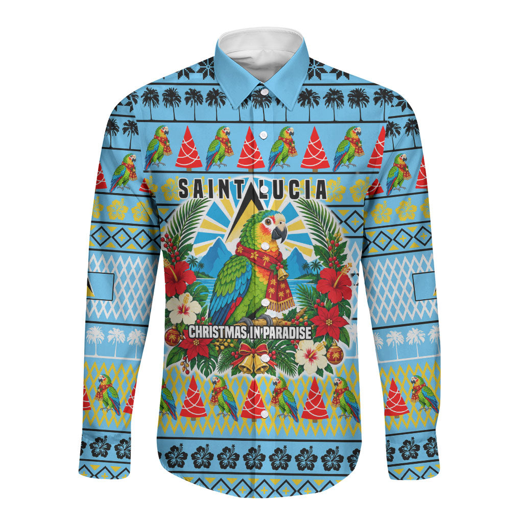 Saint Lucia Christmas In Paradise Long Sleeve Button Shirt Tropical Parrot Santa Ugly Pattern Graphic Artwork