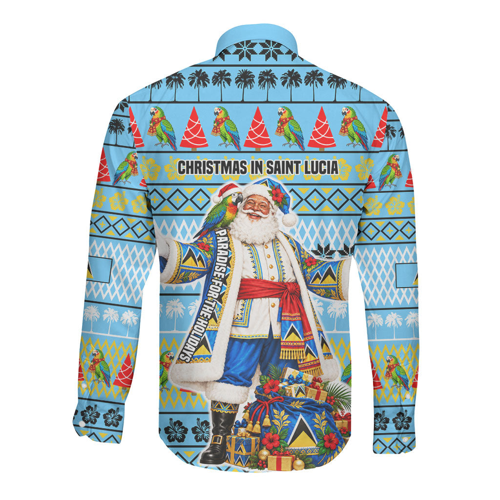 Saint Lucia Christmas In Paradise Long Sleeve Button Shirt Tropical Parrot Santa Ugly Pattern Graphic Artwork