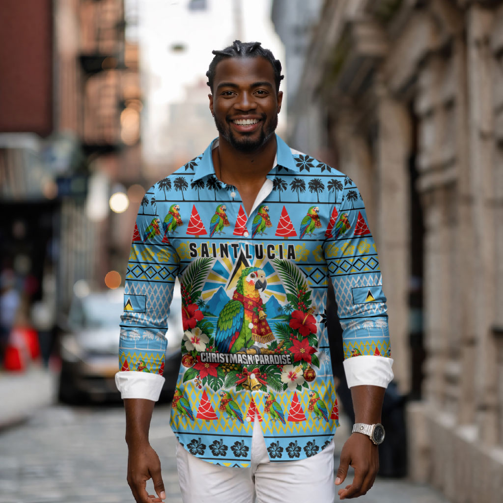 Saint Lucia Christmas In Paradise Long Sleeve Button Shirt Tropical Parrot Santa Ugly Pattern Graphic Artwork