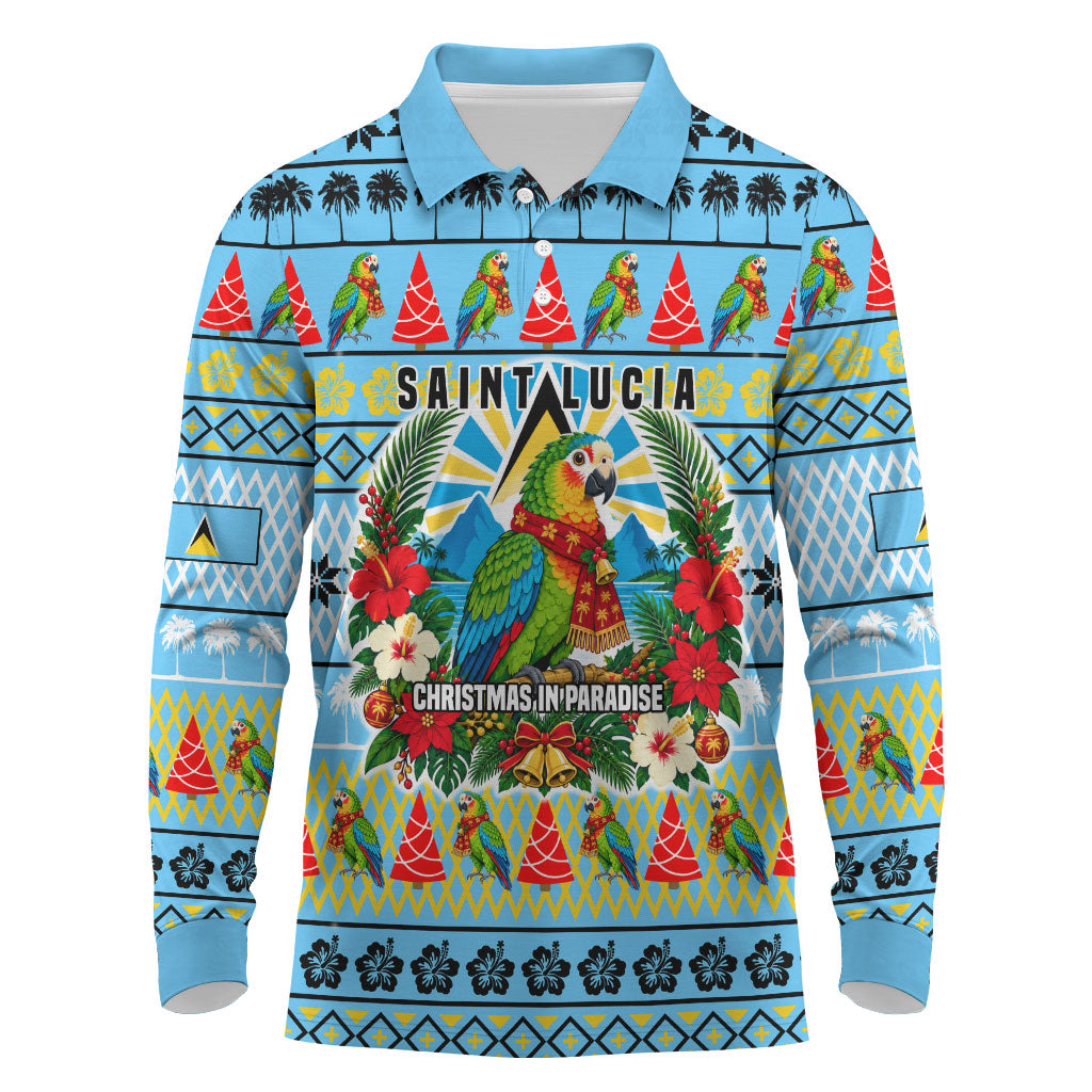 Saint Lucia Christmas In Paradise Long Sleeve Polo Shirt Tropical Parrot Santa Ugly Pattern Graphic Artwork