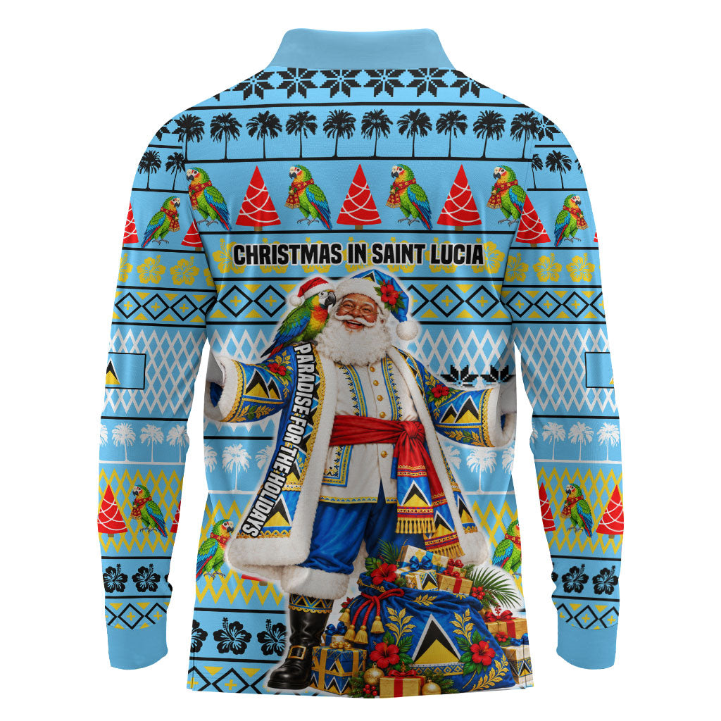 Saint Lucia Christmas In Paradise Long Sleeve Polo Shirt Tropical Parrot Santa Ugly Pattern Graphic Artwork