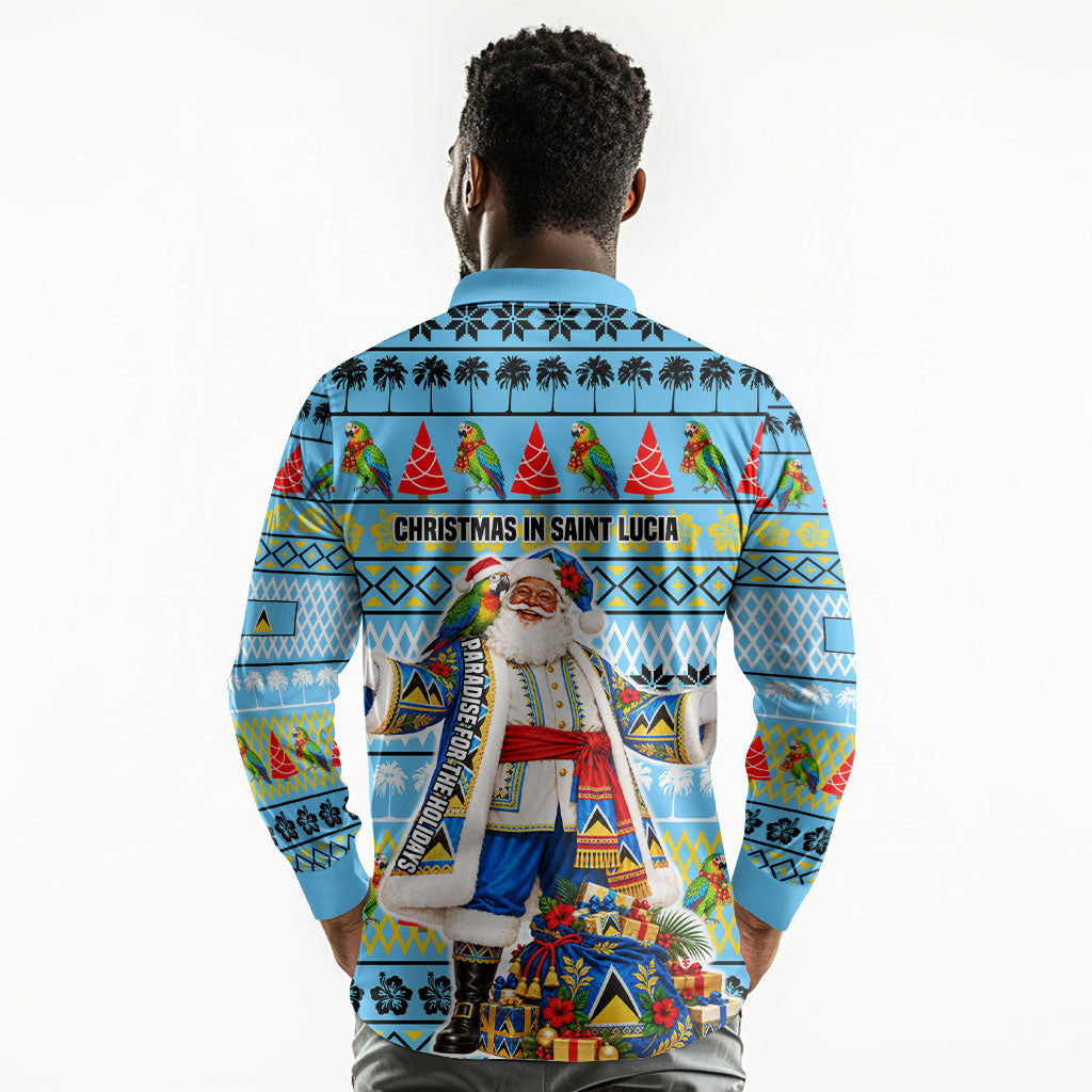 Saint Lucia Christmas In Paradise Long Sleeve Polo Shirt Tropical Parrot Santa Ugly Pattern Graphic Artwork