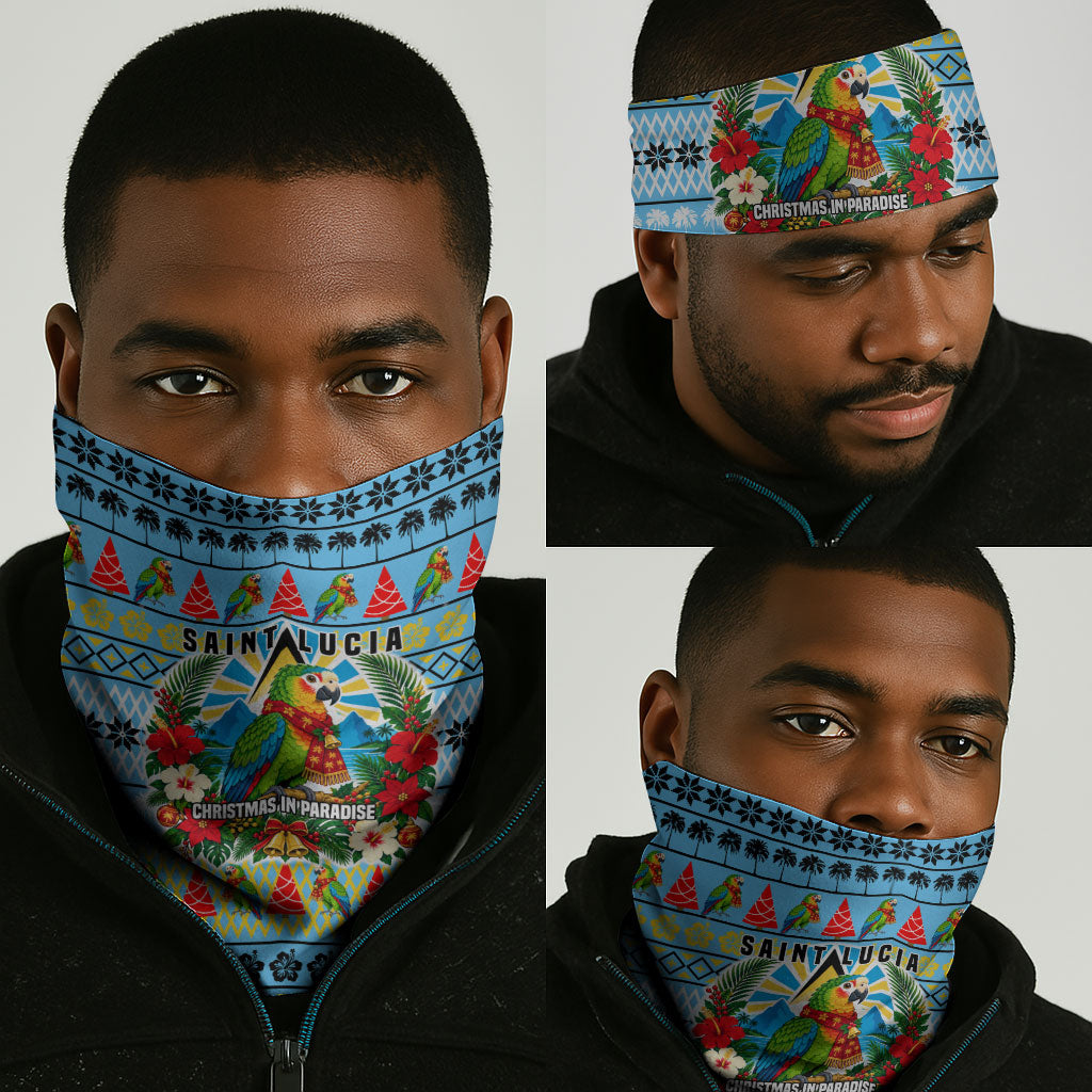 Saint Lucia Christmas In Paradise Neck Gaiter Tropical Parrot Santa Ugly Pattern Graphic Artwork