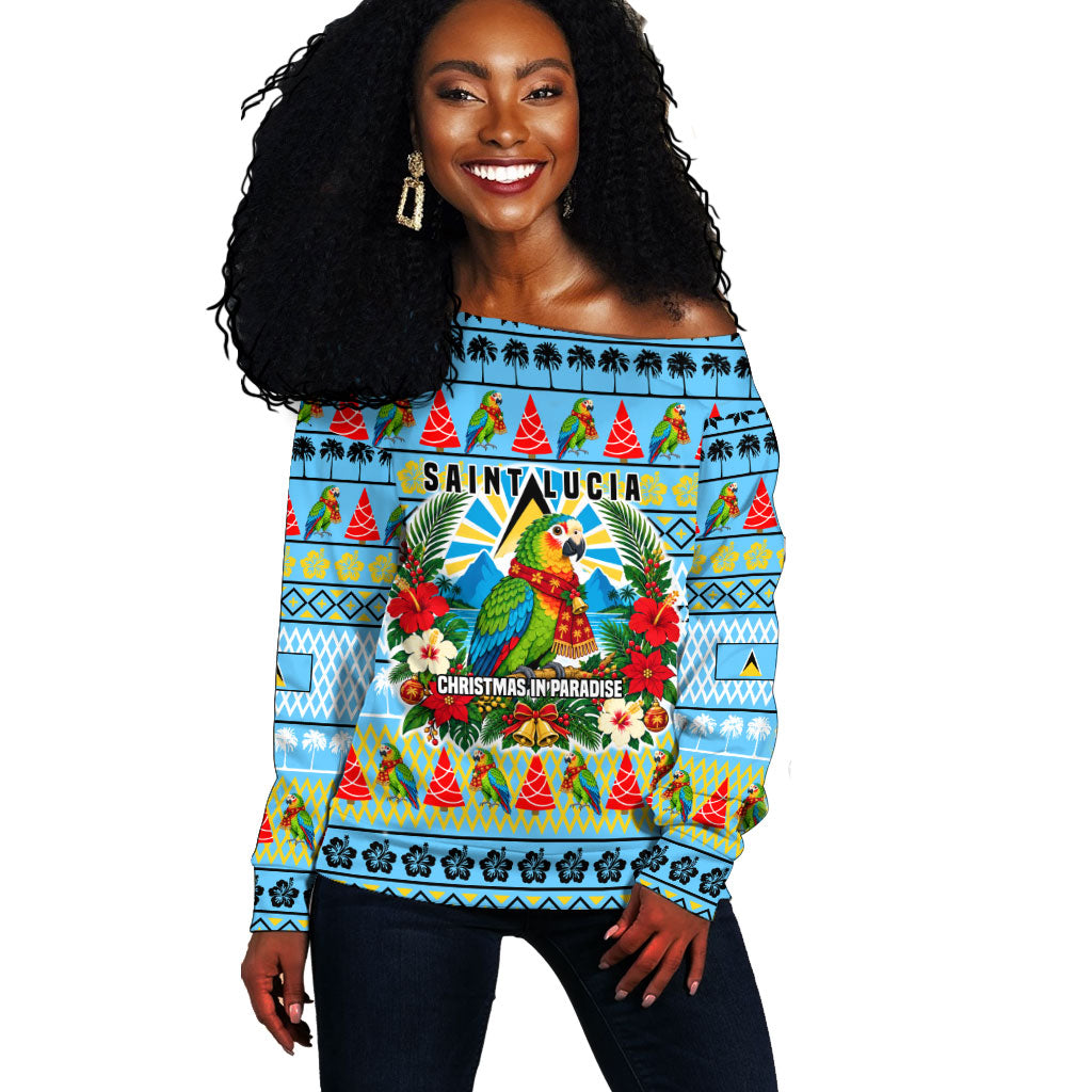 Saint Lucia Christmas In Paradise Off Shoulder Sweater Tropical Parrot Santa Ugly Pattern Graphic Artwork