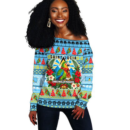Saint Lucia Christmas In Paradise Off Shoulder Sweater Tropical Parrot Santa Ugly Pattern Graphic Artwork