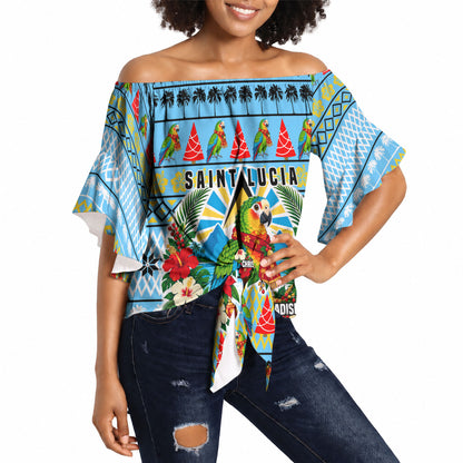 Saint Lucia Christmas In Paradise Off Shoulder Wrap Waist Top Tropical Parrot Santa Ugly Pattern Graphic Artwork