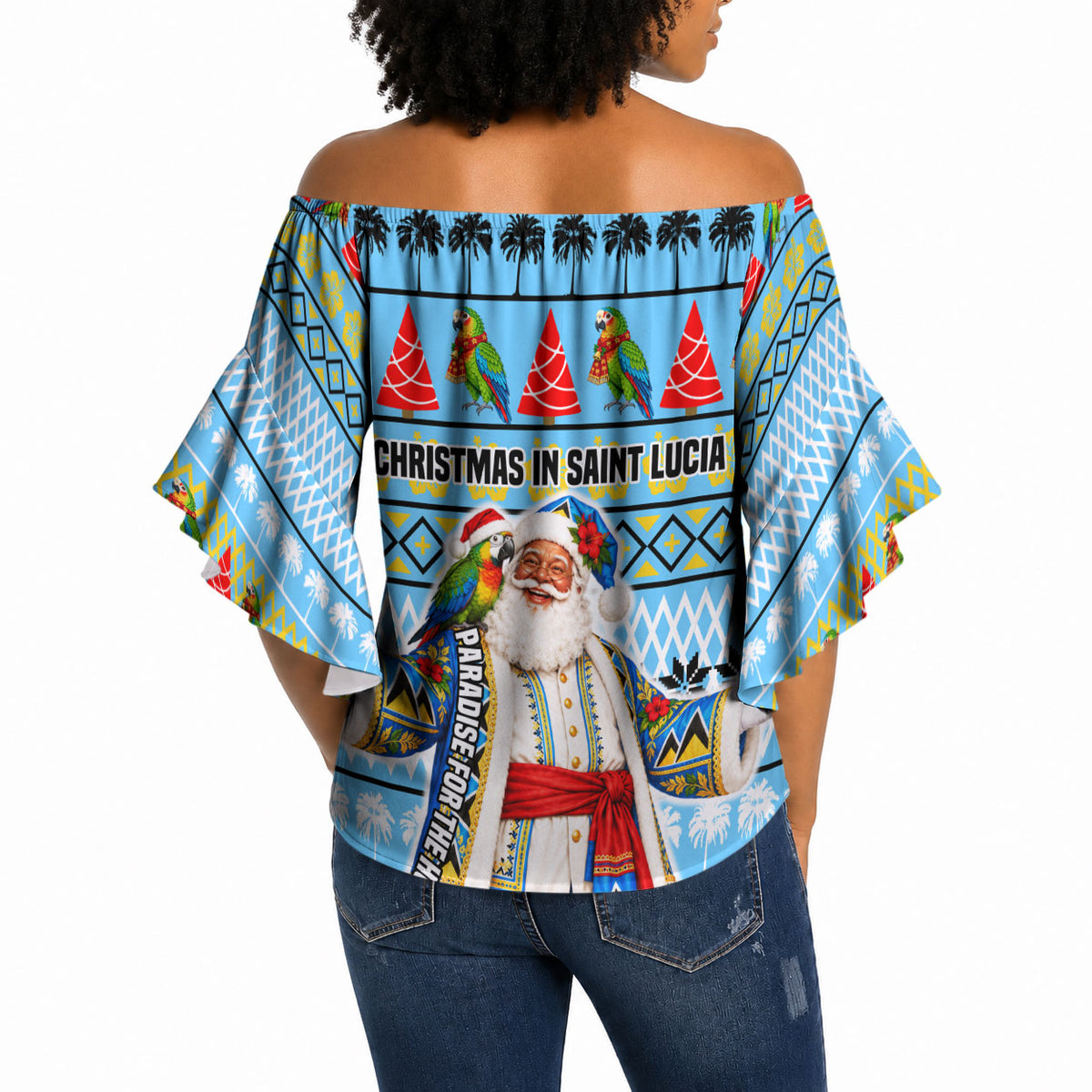 Saint Lucia Christmas In Paradise Off Shoulder Wrap Waist Top Tropical Parrot Santa Ugly Pattern Graphic Artwork