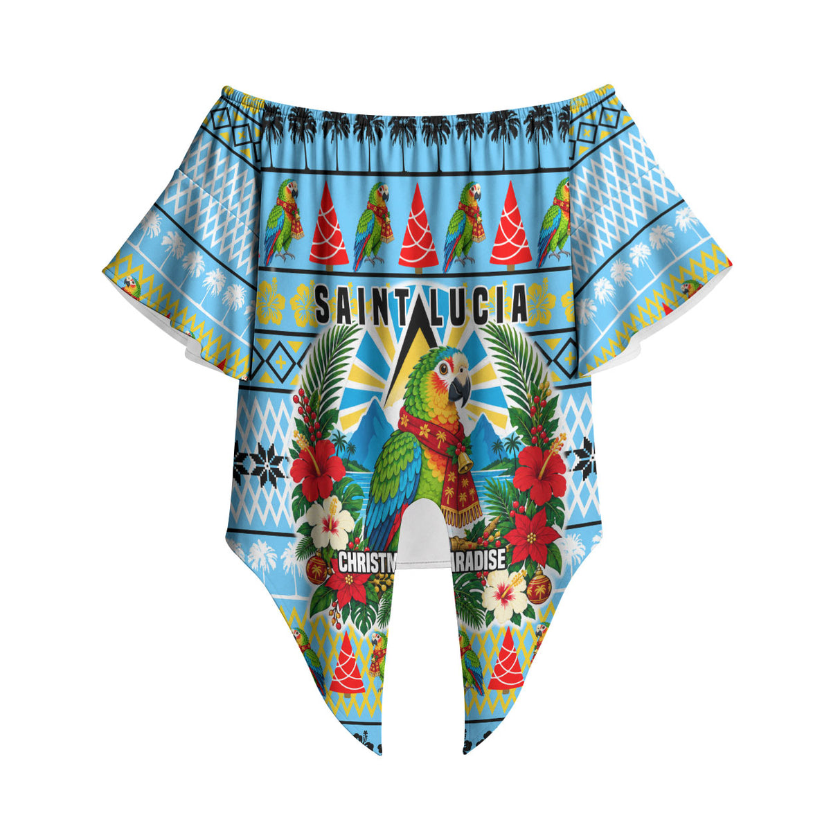 Saint Lucia Christmas In Paradise Off Shoulder Wrap Waist Top Tropical Parrot Santa Ugly Pattern Graphic Artwork