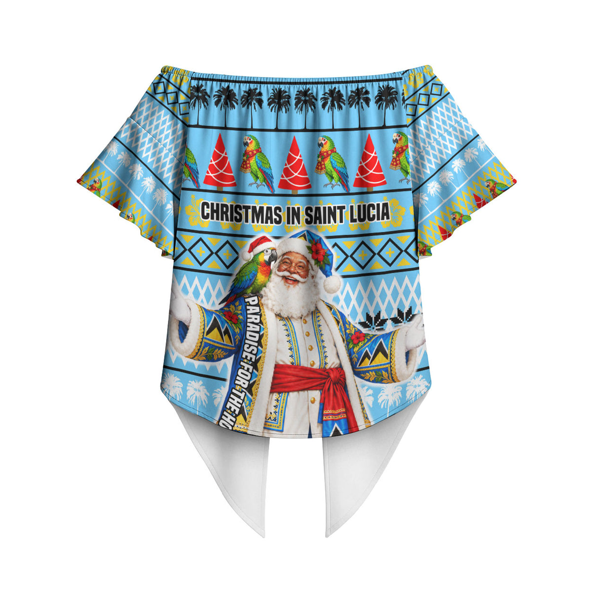 Saint Lucia Christmas In Paradise Off Shoulder Wrap Waist Top Tropical Parrot Santa Ugly Pattern Graphic Artwork