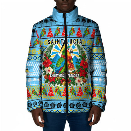 Saint Lucia Christmas In Paradise Padded Jacket Tropical Parrot Santa Ugly Pattern Graphic Artwork