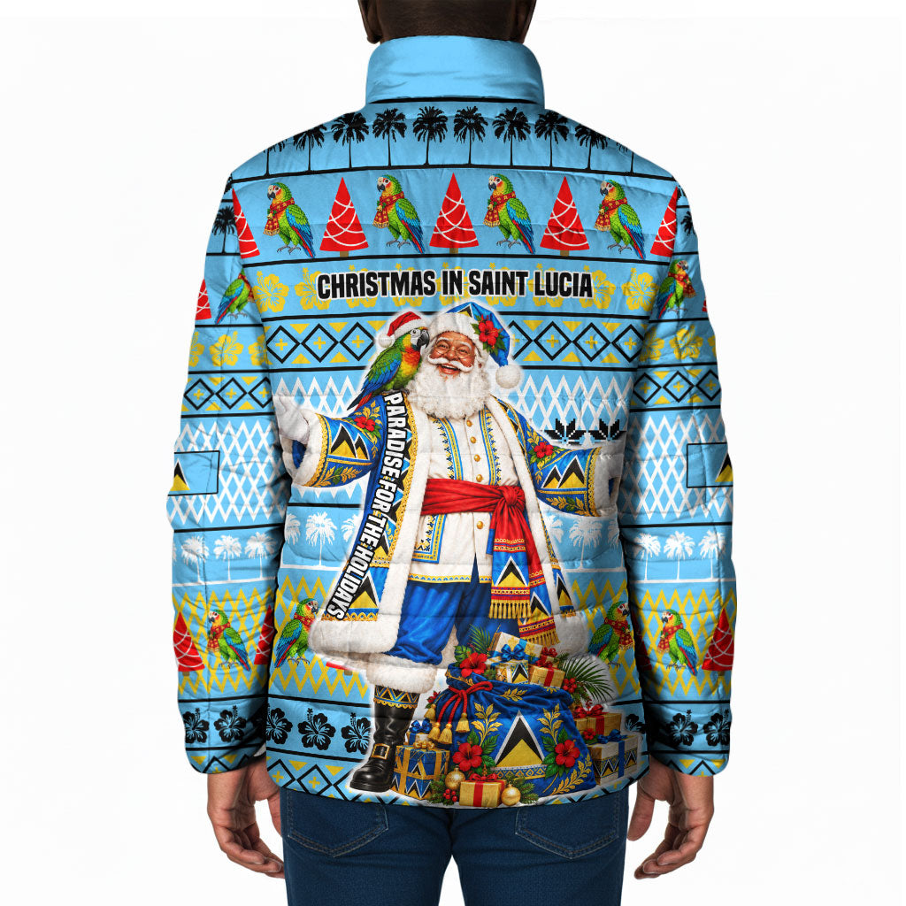 Saint Lucia Christmas In Paradise Padded Jacket Tropical Parrot Santa Ugly Pattern Graphic Artwork