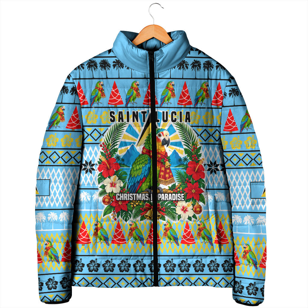 Saint Lucia Christmas In Paradise Padded Jacket Tropical Parrot Santa Ugly Pattern Graphic Artwork