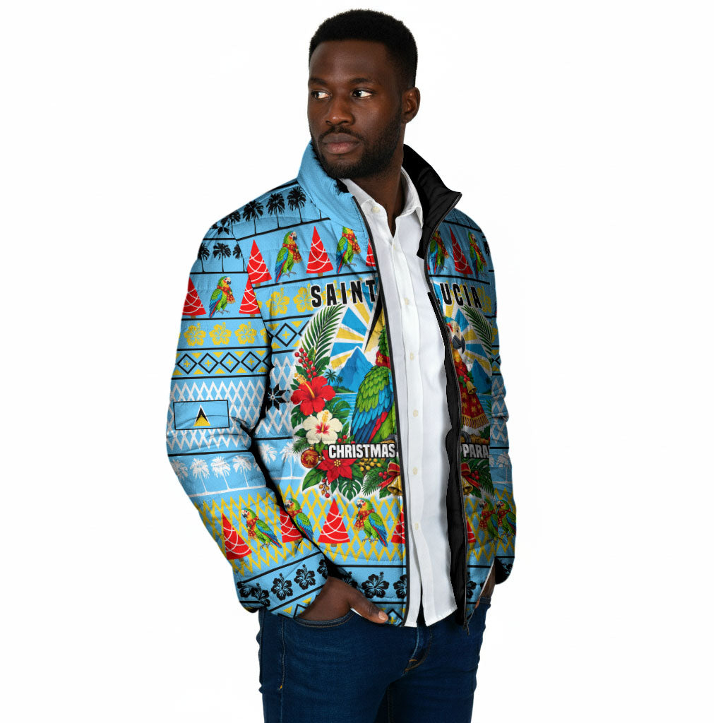 Saint Lucia Christmas In Paradise Padded Jacket Tropical Parrot Santa Ugly Pattern Graphic Artwork